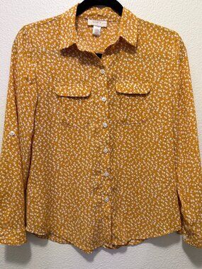 Loft Petite mustard and white floral button down blouse, roll tab sleeves, XSP